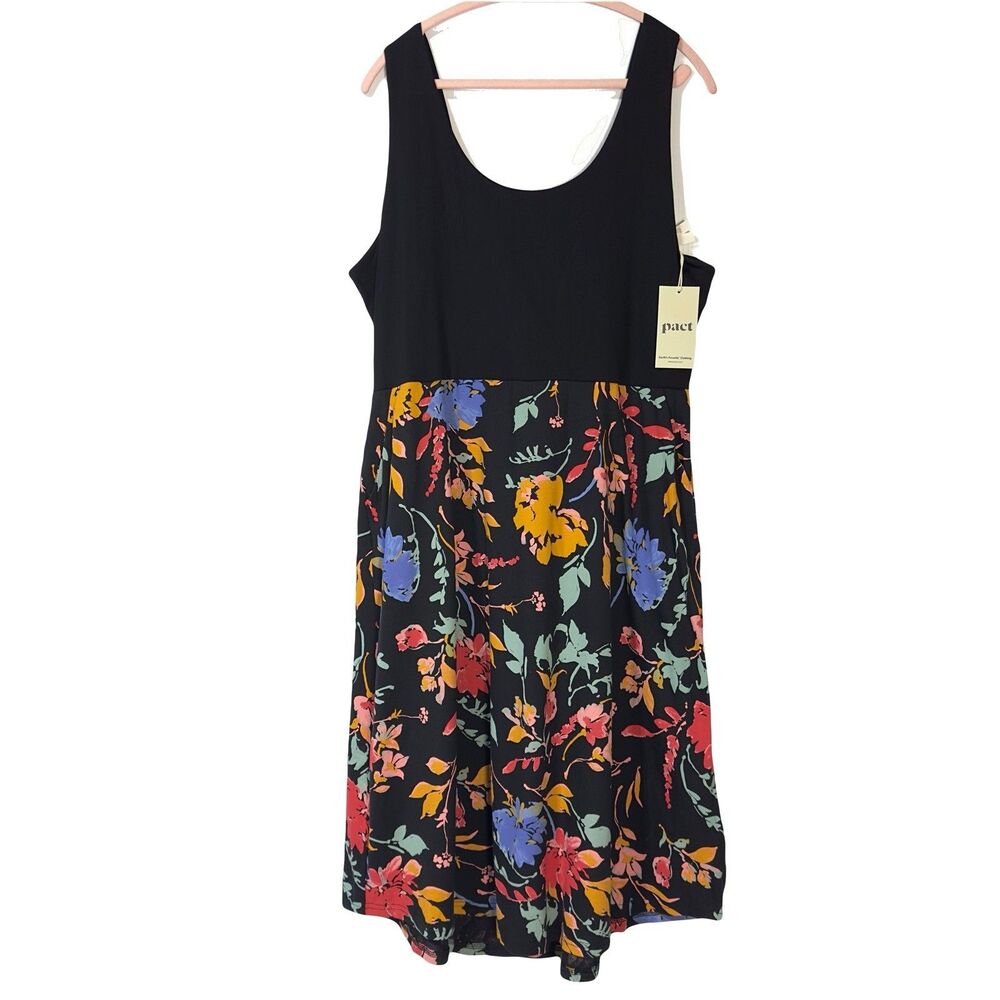 Pact Fit & Flare Midi Dress 3XL 3X Pockets Organic Cotton Floral Tie Back NWT